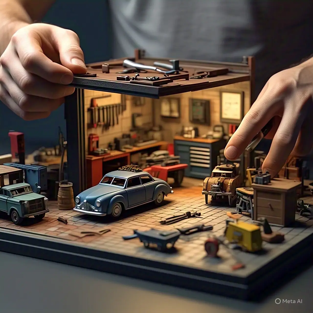 mans hands working on a miniature garage -Rc Mech
