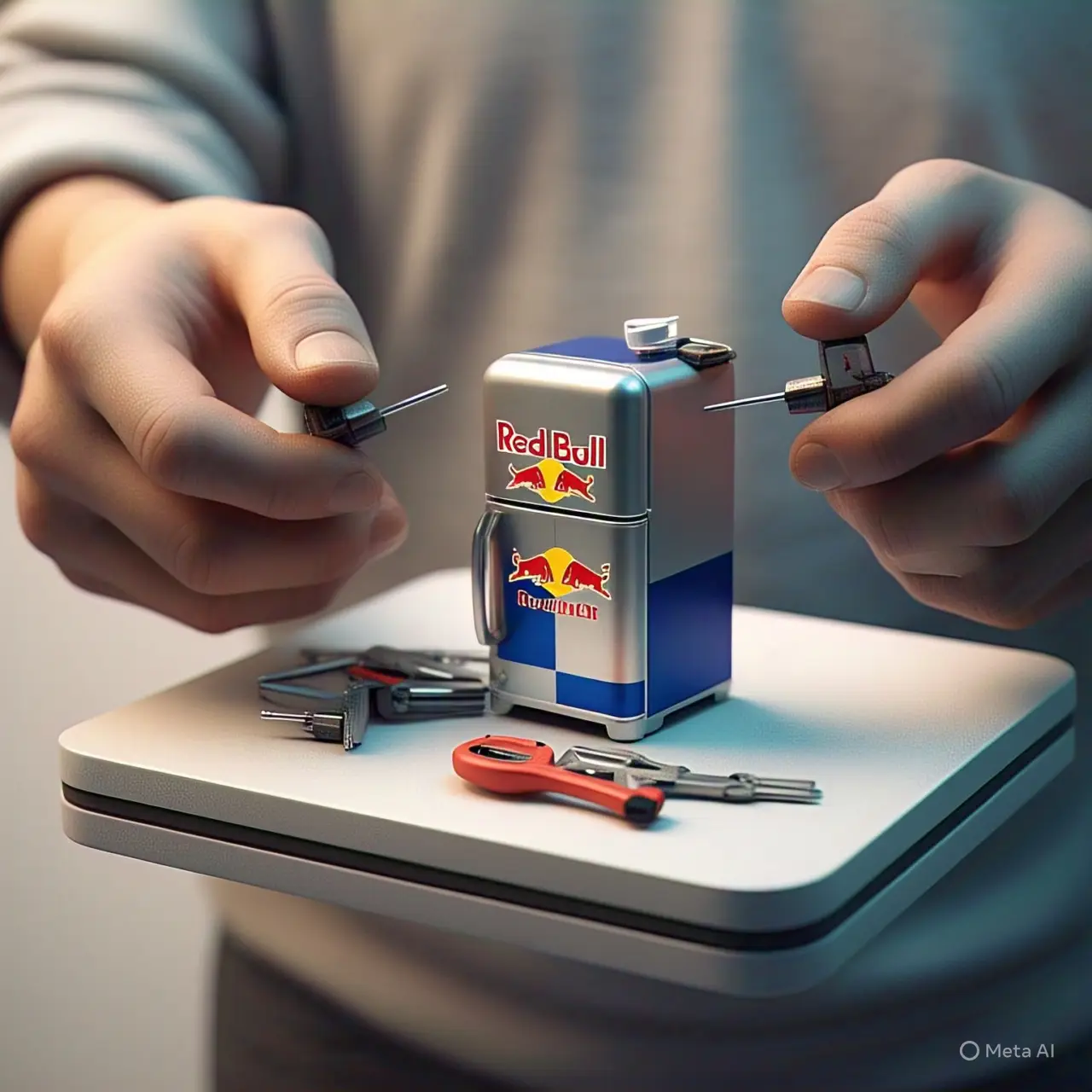mans hands working on a miniature redbull -Rc Mech