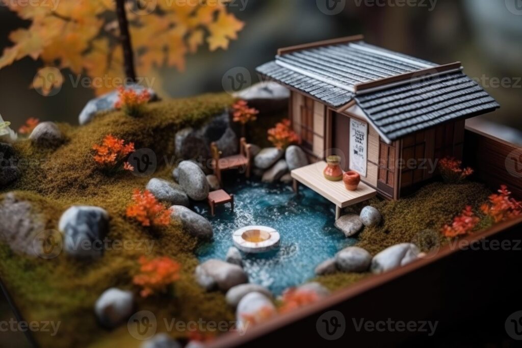diorama of japanese garden hot spring toy holiday home miniature of japanese resort created with generative ai technology photo -Rc Mech